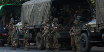 Junta troops deploying in Yangon after the February 1 coup. / The Irrawaddy