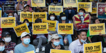 Feature: Anti-regime protesters call for an end to dictatorship in Myanmar in February. / The Irrawaddy