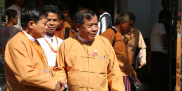 Dr. Zaw Myint Maung (middle) at a National League for Democracy central executive committee meeting in Yangon in 2017. / The Irrawaddy