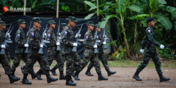 Karen National Liberation Army troops on Karen Martyrs’ Day in August 2018 in Papun District. / The Irrawaddy