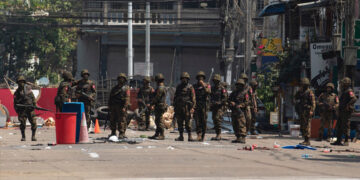 Junta troops in Yangon during a crackdown on anti-regime protesters in early March. / The Irrawaddy