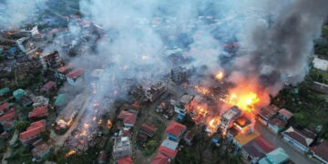 More than 160 houses in mountain-top town Thantlang, Chin State, burned down after junta artillery strikes. / Thantlang CDF
