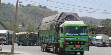 Trucks at Muse border trade center in northern Shan State on the China border. / The Irrawaddy