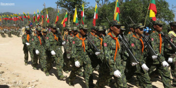 RCSS/SSA-S troops participate in a military parade in Loi Tai Leng, southern Shan State in 2017. / Kyaw Kha / The Irrawaddy