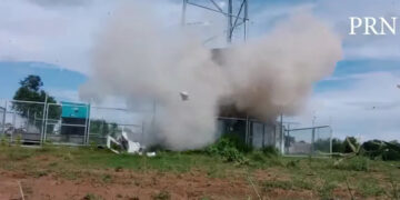 A screenshot from a video of Mytel masts being destroyed last week in Sagaing Region. / Video: Phyu Regional News