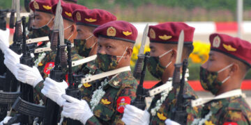 Myanmar military troops on parade during the Armed Forces Day celebration in Naypyitaw in March 2021. / The Irrawaddy