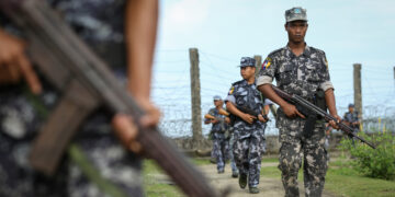 Myanmar security forces patrol near the Myanmar-Bangladesh border in northern Rakhine State in 2017. / The Irrawaddy
