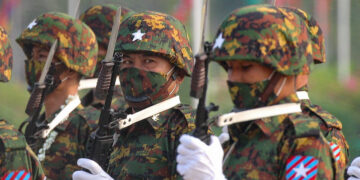 Regime troops on the Armed Forces Day parade in March 2021.