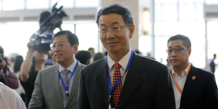 The Special Envoy of Asian Affairs of the Ministry of Foreign Affairs of China, Sun Guoxiang (C) arrives for the opening ceremony of the second session of the Union Peace Conference - 21st century Panglong in Naypyitaw, 24 May 2017. / EPA