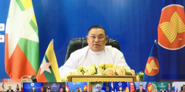 A screengrab of the regime’s foreign minister, Wunna Maung Lwin, participating in an online meeting of the ASEAN-European Union Post-Ministerial Conference.