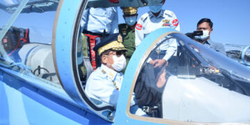 Coup leader Snr-Gen Min Aung Hlaing attends the 74th founding anniversary of the Myanmar Air Force and commissioning of airplanes and helicopters in Meiktila on Dec. 15 / Cncds