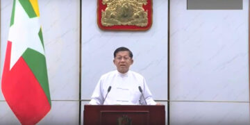 A video screengrab of Myanmar coup leader Min Aung Hlaing making a televised address on Oct. 18.