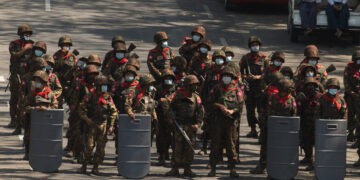Army troops are deployed in formation in Yangon in February, when anti-regime mass protests took place in the city. / The Irrawaddy