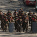 Army troops are deployed in formation in Yangon in February, when anti-regime mass protests took place in the city. / The Irrawaddy