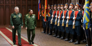 Russian Defense Minister Sergei Shoigu (L) and Commander-in-Chief of Myanmar's armed forces, Senior General Min Aung Hlaing inspecting an honor guard prior to their talks in Moscow on June 22, 2021. / AFP