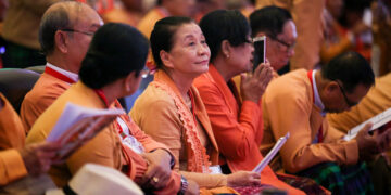 Ousted Karen State Chief Minister Nan Khin Htwe Myint (center) is seen at the National League for Democracy's second party congress at the Myanmar Convention Centre on June 23, 2018.