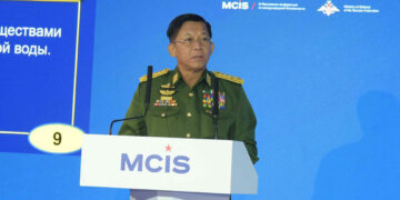 Myanmar coup leader Snr-Gen Min Aung Hlaing at the Moscow Conference on International Security on Wednesday. / Cincds