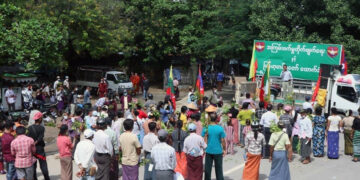 Military supporters before their rally in Meiktila on October 25.