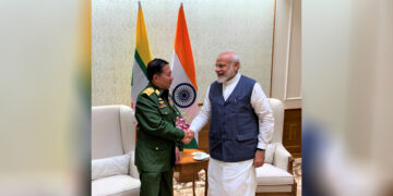 Myanmar military chief Snr-Gen Min Aung Hlaing (left) and Indian Prime Minister Narendra Modi meet in New Delhi in 2019. / Snr-Gen Min Aung Hlaing’s website