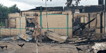 The remains of a house in Kone Thar Village after it was torched by junta forces on Sunday. / PDF-D