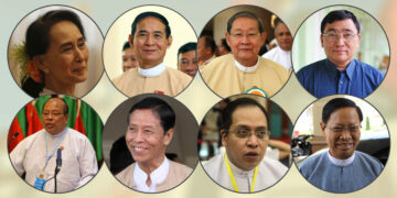 Detained and/or charged NLD government officials include: (top row, left to right) State Counselor Daw Aung San Suu Kyi; President U Win Myint; Planning and Finance Minister U Soe Win; and NUG Humanitarian Affairs Minister U Win Myat Aye; and (bottom row, left to right) detained Investment and Foreign Economic Relations Minister U Thaung Tun; ex-Planning and Finance Minister U Kyaw Win; Deputy Planning and Finance Minister U Set Aung; and Religion and Culture Minister U Aung Ko.