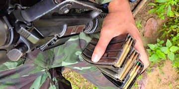 A Karen National Liberation Army soldier displays ammunition. / KNLA-Brigade 5