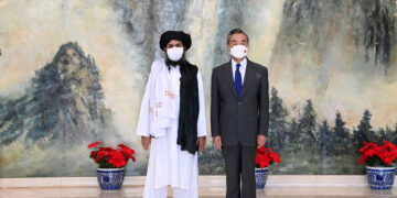 Chinese Foreign Minister Wang Yi meets with Taliban Political Committee leader Mullah Abdul Ghani Baradar in Tianjin, China in July. / FMPRC