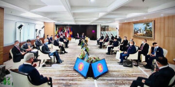 ASEAN leaders attend a special in-person summit meeting in Jakarta in April. / Indonesian government / Kyodo