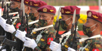 Myanmar soldiers are seen during the Armed Forces Day commemoration in Naypyitaw, the capital of the country, on March 27.