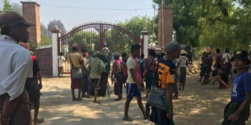 In this undated photo, villagers guard the entrance gate of Talokmyo to prevent the entry of junta troops. / CJ