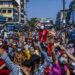Anti-coup protesters are seen in downtown Yangon in February. / The Irrawaddy