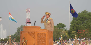 Coup leader Snr-Gen Min Aung Hlaing during the Armed Forces Day parade in Naypyitaw in March. / Commander-in-Chief of Defense Services’ Office