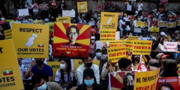 An anti-regime protest in Yangon on Feb.14. / The Irrawaddy