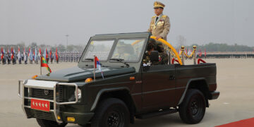 Myanmar coup leader Snr-Gen Min Aung Hlaing during the Armed Forces Day parade in Naypyitaw in March.