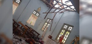 The Catholic church in Kayan Thaya (South) Village after it was shelled and shot at by regime soldiers on Monday.