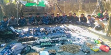 The 14 Border Police officers and some of the four women prisoners released by the AA in northern Rakhine State on Saturday / Arakan Army / Facebook