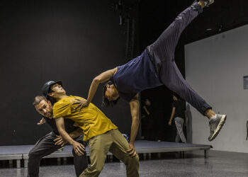French choreographer Erwan Godard with two Myanmar hip-hop dancers perform “The Roots” during a rehearsal at Goethe Institut Myanmar on Dec. 5.  / Htet Wai / The Irrawaddy