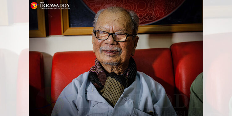 Veteran designer U Aye Myint at the opening of his exhibition in Mandalay, February 2016.