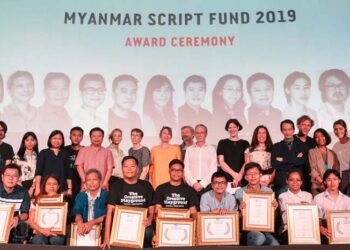 Winners and jurors from the fourth Myanmar Script Fund competition on Nov. 19 at the Waziya cinema in Yangon. / Aeint Kwar Nyo