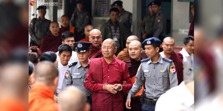 U Parmaukha (center in handcuffs) after his trial in 2018 / Myo Min Soe / The Irrawaddy