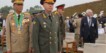 Regime Defense Minister General Mya Tun Oo (left) and Russian Deputy Defense Minister Alexander Fomin (center) attend the Myanmar Armed Forces Day parade in Naypyitaw in March.