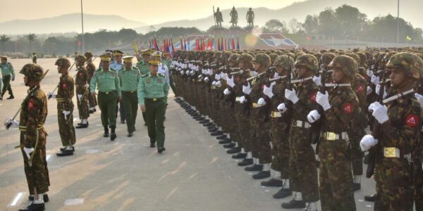 Myanmar military personnel are seen during an Armed Forces Day commemoration.  / Military website