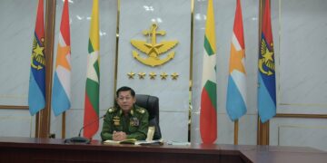 Commander-in-chief Senior General Min Aung Hlaing addresses senior officer trainees of the National Defense College via videoconference on Jan. 27, 2021. / Military Information Team