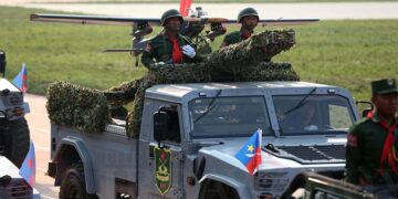 An unmanned drone is among the weaponry displayed by the UWSA during a parade to mark the 30th anniversary of the group’s founding at Panghsang on April 17, 2019. / Myo Min Soe / The Irrawaddy
