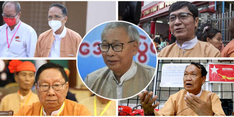 U Han Tha Myint (top left), U Nyan Win (bottom left), U Thein 00 (center), Dr. Myo Nyunt (top right) and Monywa Aung Shin (bottom right).