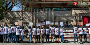 A group of protesters stand in front of the Chinese Embassy calling on China to reject the military coup in Myanmar. / The Irrawaddy