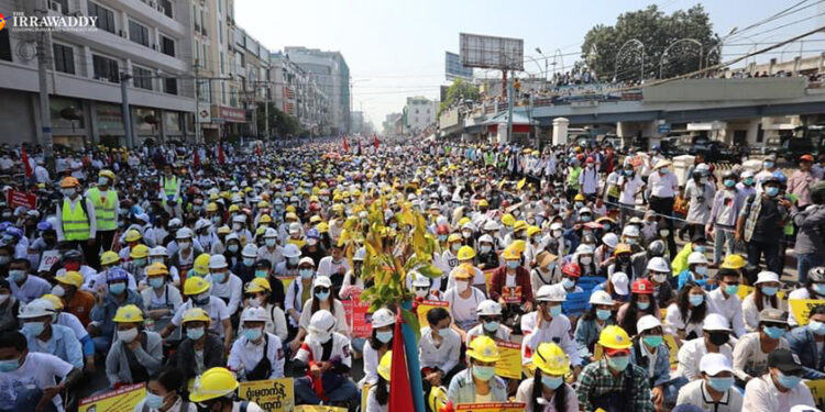 Tens of thousands of protesters take part in a huge sit-in protest against the military regime on Feb. 22, 2021, in the “22222” general strike. / The Irrawaddy