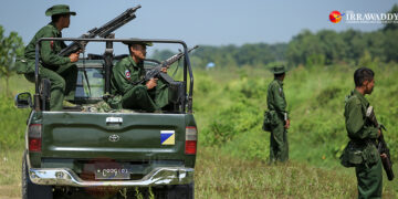 Myanmar army troops on patrol in Rakhine State’s Maungdaw Township, near the Bangladeshi border. / The Irrawaddy