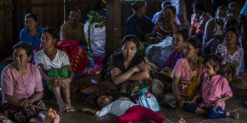 Villagers fleeing their homes due to intensified fighting take shelter at a monastery in Kyaukme Township. / Htet Wai / The Irrawaddy