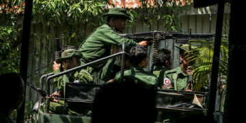 Myanmar army troops patrol in Maungdaw, Rakhine State on Oct. 17, 2016. / The Irrawaddy